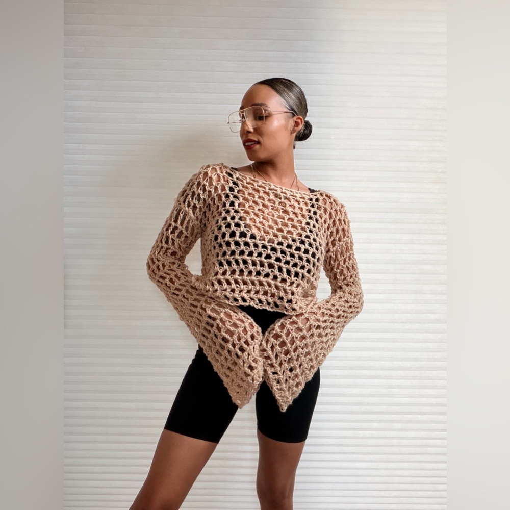 Vintage Handmade Open-Weave Knit Bell Sleeve Sweater | Artisan Boho